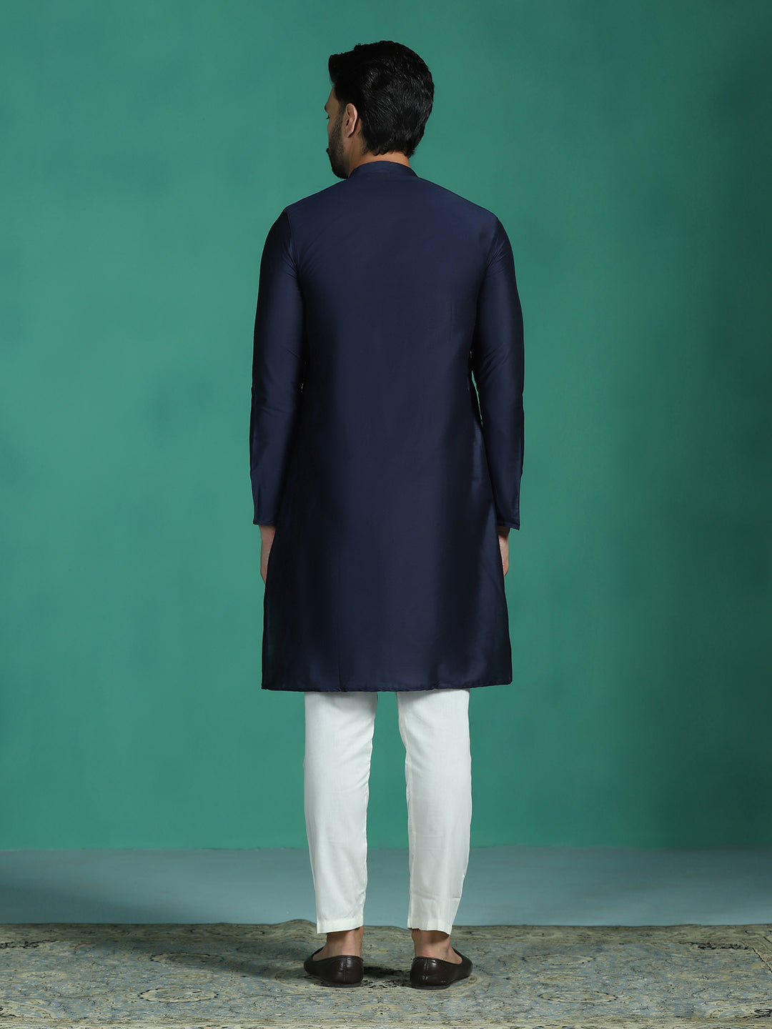 Zavaya Navy Blue Plain Polyester Viscose Kurta Pyjama Set for Men