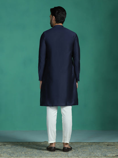 Zavaya Navy Blue Plain Polyester Viscose Kurta Pyjama Set for Men