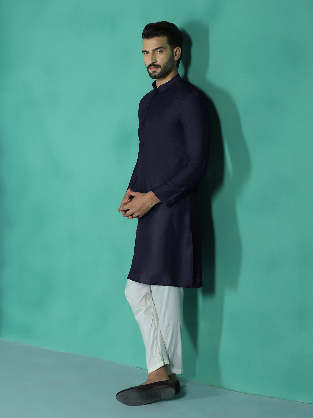 Zavaya Navy Blue Plain Polyester Viscose Kurta Pyjama Set for Men