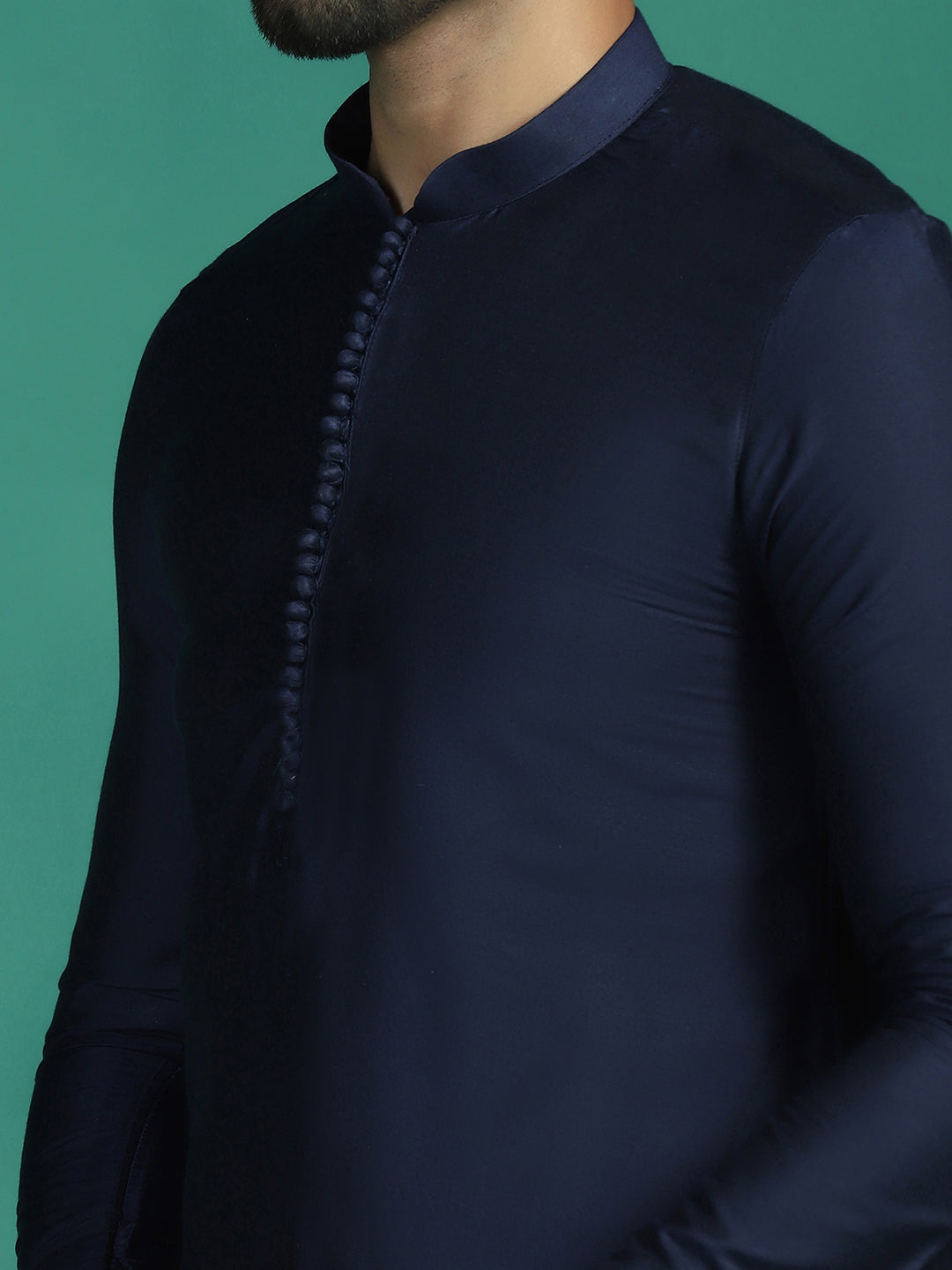 Zavaya Navy Blue Plain Polyester Viscose Kurta Pyjama Set for Men