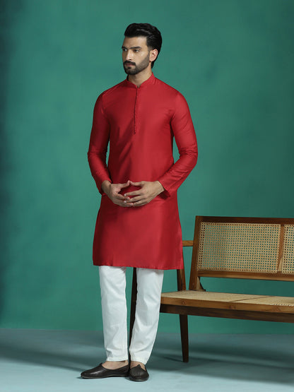 Zavaya Red Plain Polyester Viscose Kurta Pyjama Set for Men