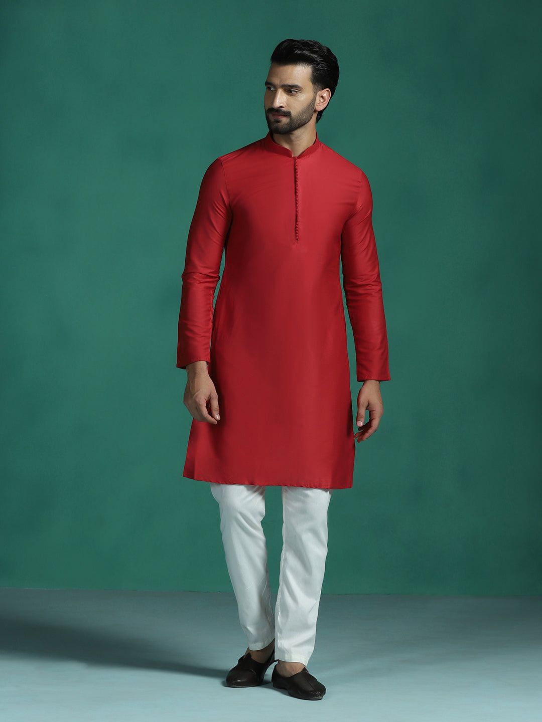 Zavaya Red Plain Polyester Viscose Kurta Pyjama Set for Men