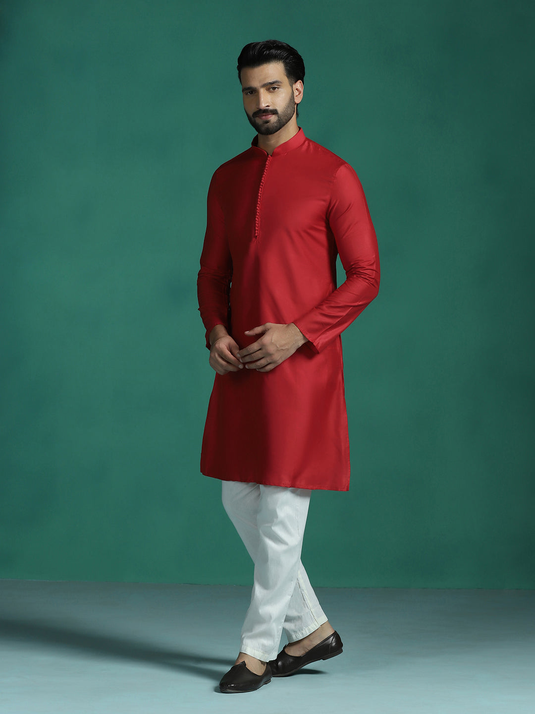 Zavaya Red Plain Polyester Viscose Kurta Pyjama Set for Men