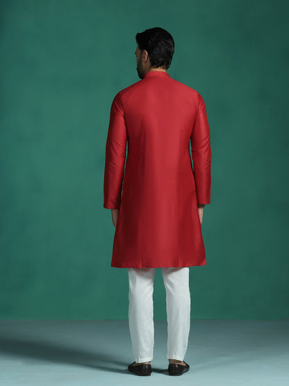 Zavaya Red Plain Polyester Viscose Kurta Pyjama Set for Men