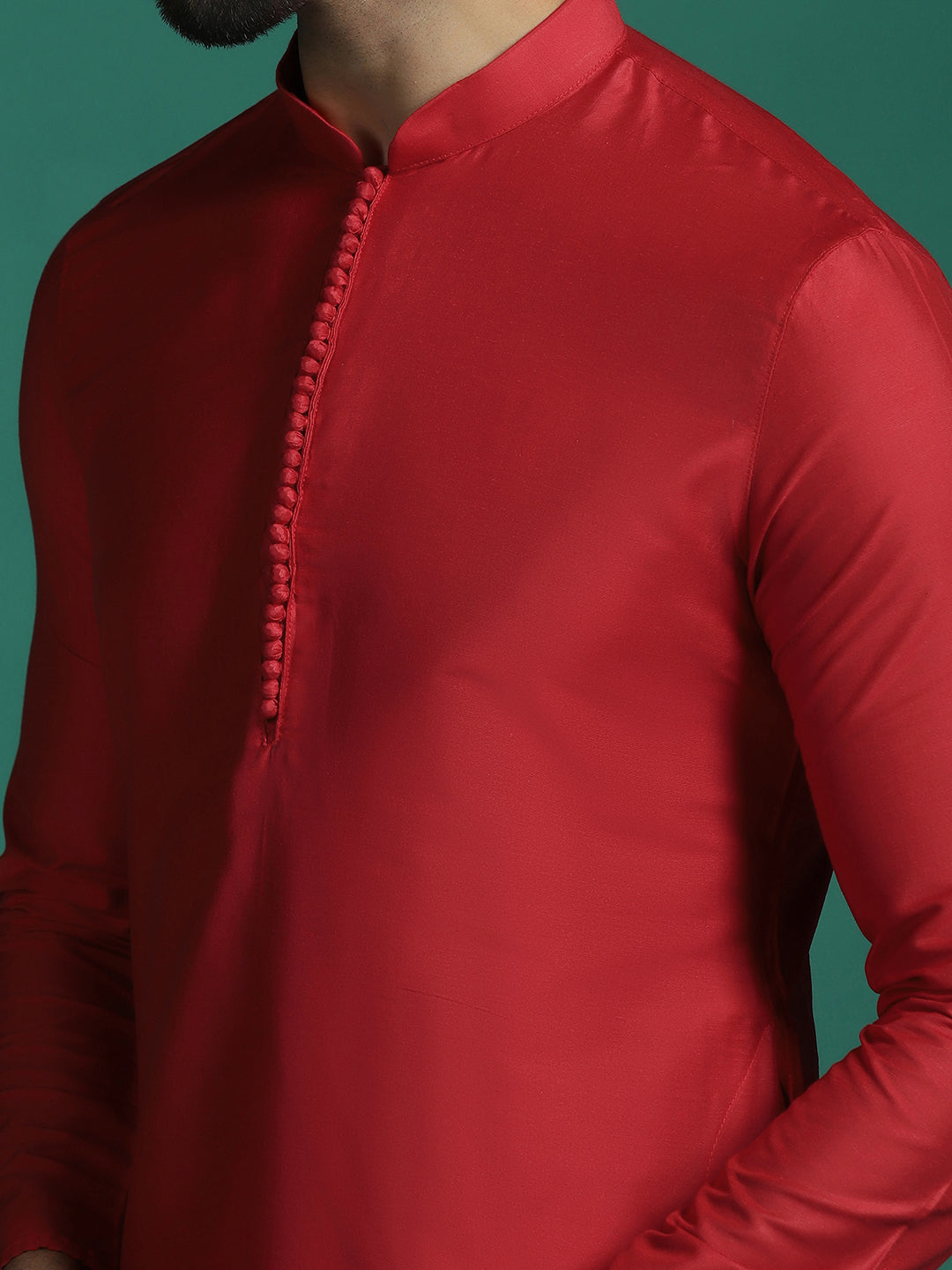 Zavaya Red Plain Polyester Viscose Kurta Pyjama Set for Men