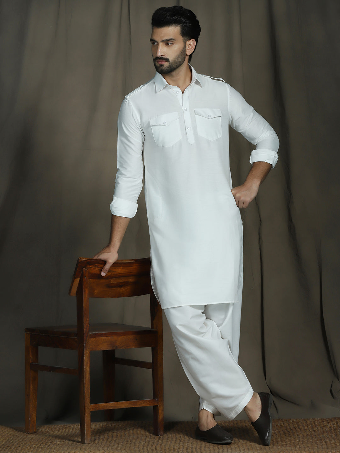 Zavaya White Plain Polyester Viscose Kurta Salwar Set for Men