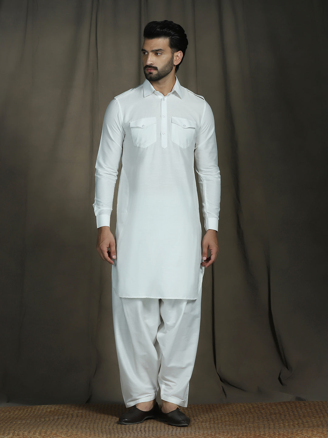 Zavaya White Plain Polyester Viscose Kurta Salwar Set for Men