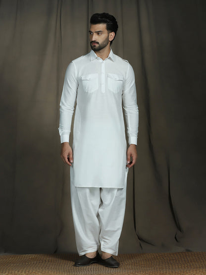 Zavaya White Plain Polyester Viscose Kurta Salwar Set for Men