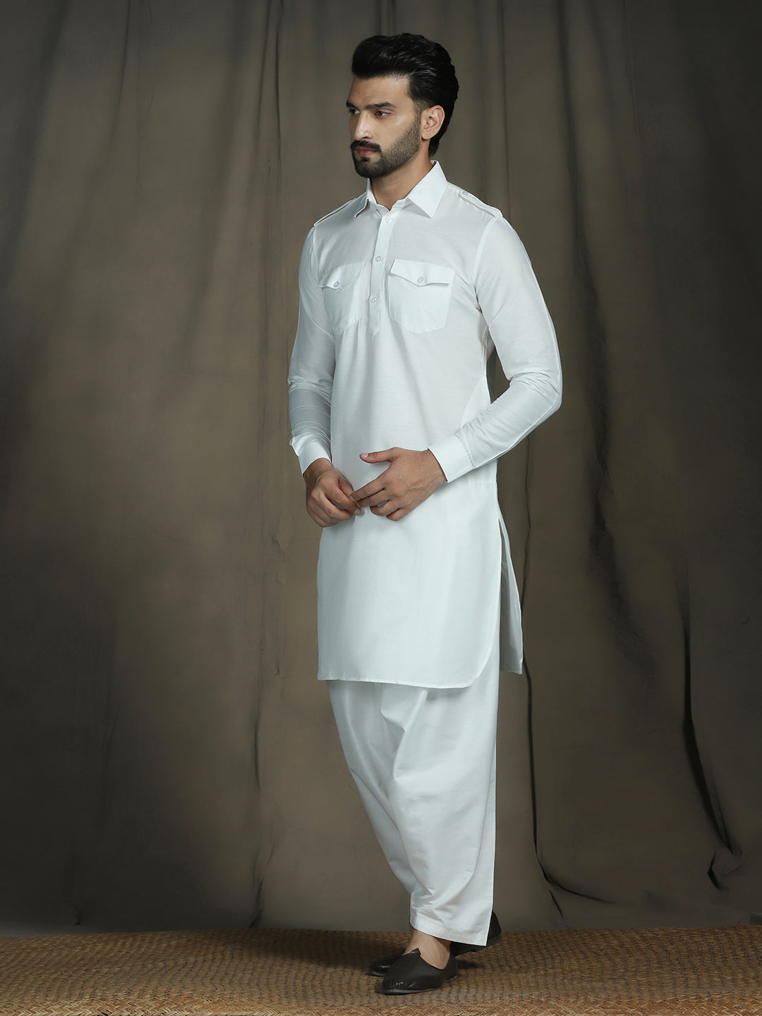 Zavaya White Plain Polyester Viscose Kurta Salwar Set for Men