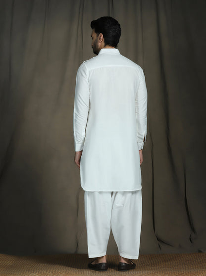 Zavaya White Plain Polyester Viscose Kurta Salwar Set for Men