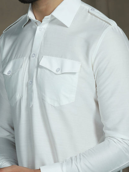 Zavaya White Plain Polyester Viscose Kurta Salwar Set for Men