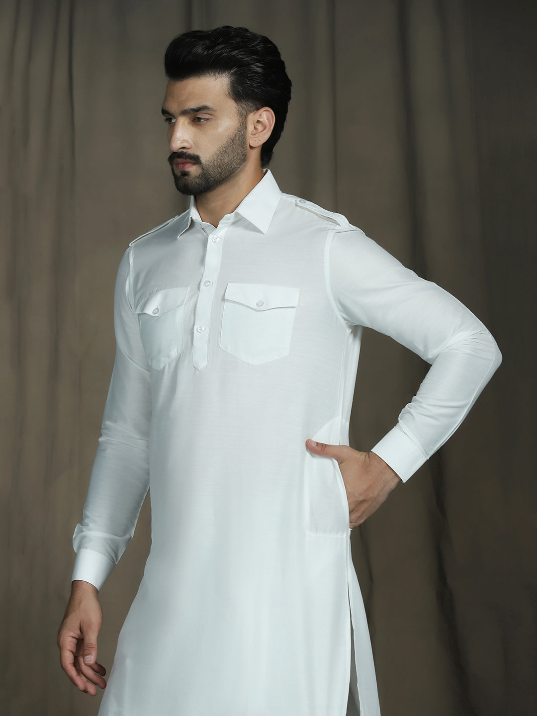 Zavaya White Plain Polyester Viscose Kurta Salwar Set for Men