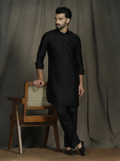 Zavaya Black Plain Polyester Viscose Kurta Salwar Set for Men