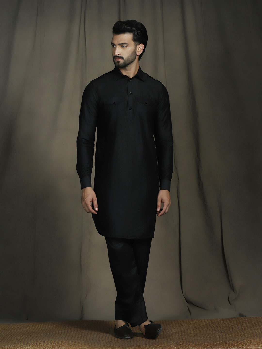 Zavaya Black Plain Polyester Viscose Kurta Salwar Set for Men
