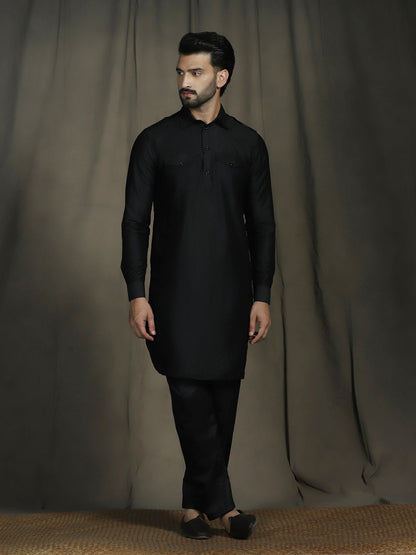 Zavaya Black Plain Polyester Viscose Kurta Salwar Set for Men