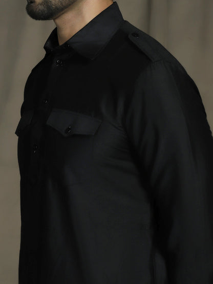 Zavaya Black Plain Polyester Viscose Kurta Salwar Set for Men