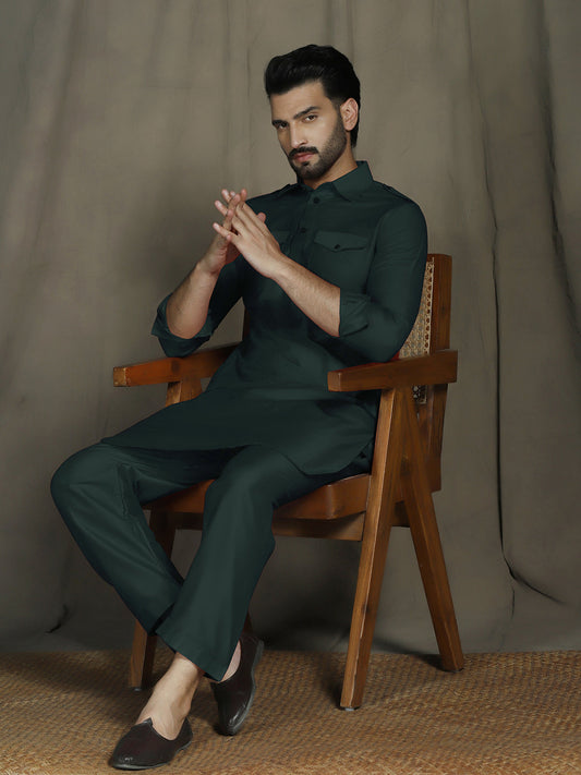 Zavaya Deep Green Plain Polyester Viscose Kurta Salwar Set for Men