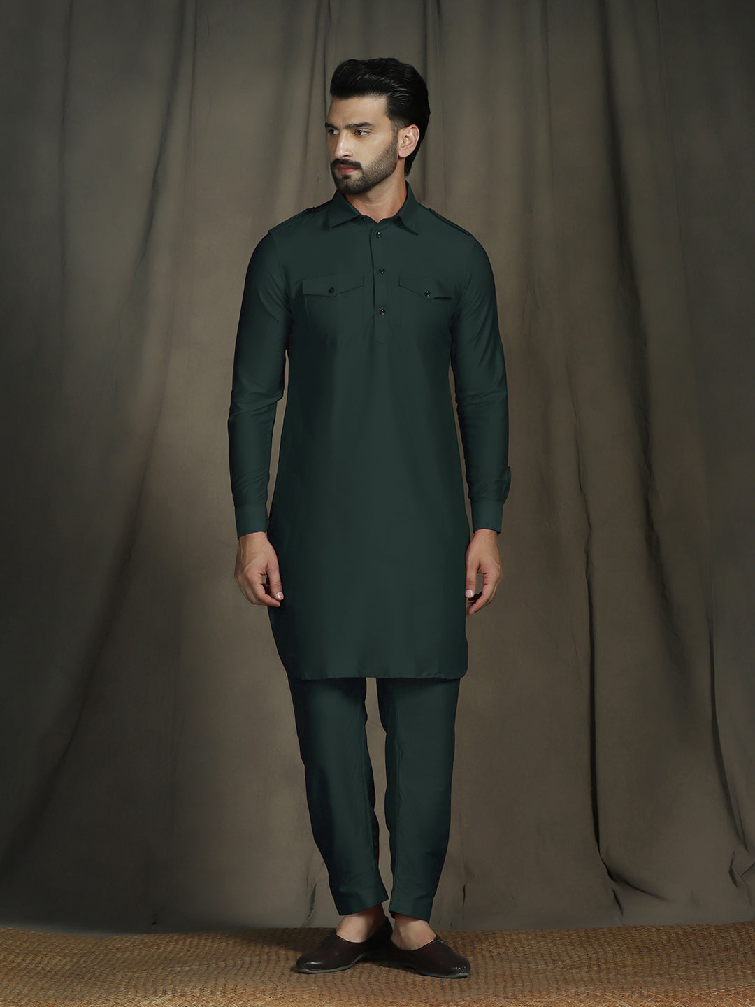 Zavaya Deep Green Plain Polyester Viscose Kurta Salwar Set for Men