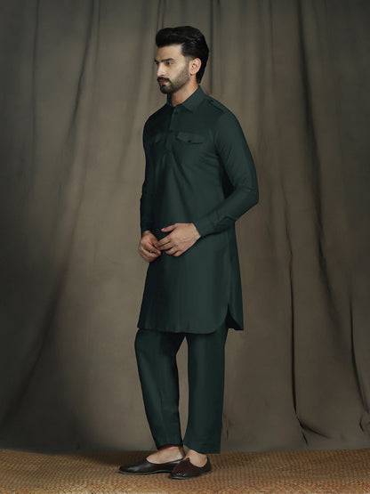 Zavaya Deep Green Plain Polyester Viscose Kurta Salwar Set for Men