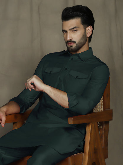 Zavaya Deep Green Plain Polyester Viscose Kurta Salwar Set for Men