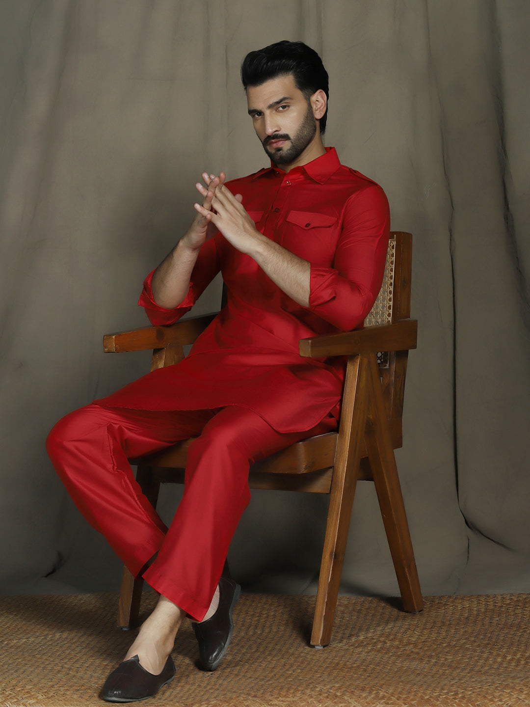 Zavaya Red Plain Polyester Viscose Kurta Salwar Set for Men