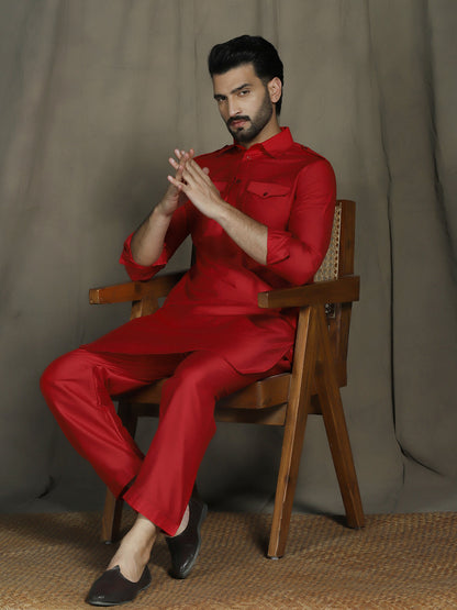 Zavaya Red Plain Polyester Viscose Kurta Salwar Set for Men