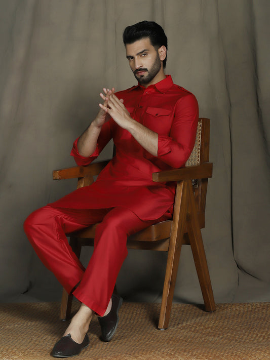 Zavaya Red Plain Polyester Viscose Kurta Salwar Set for Men