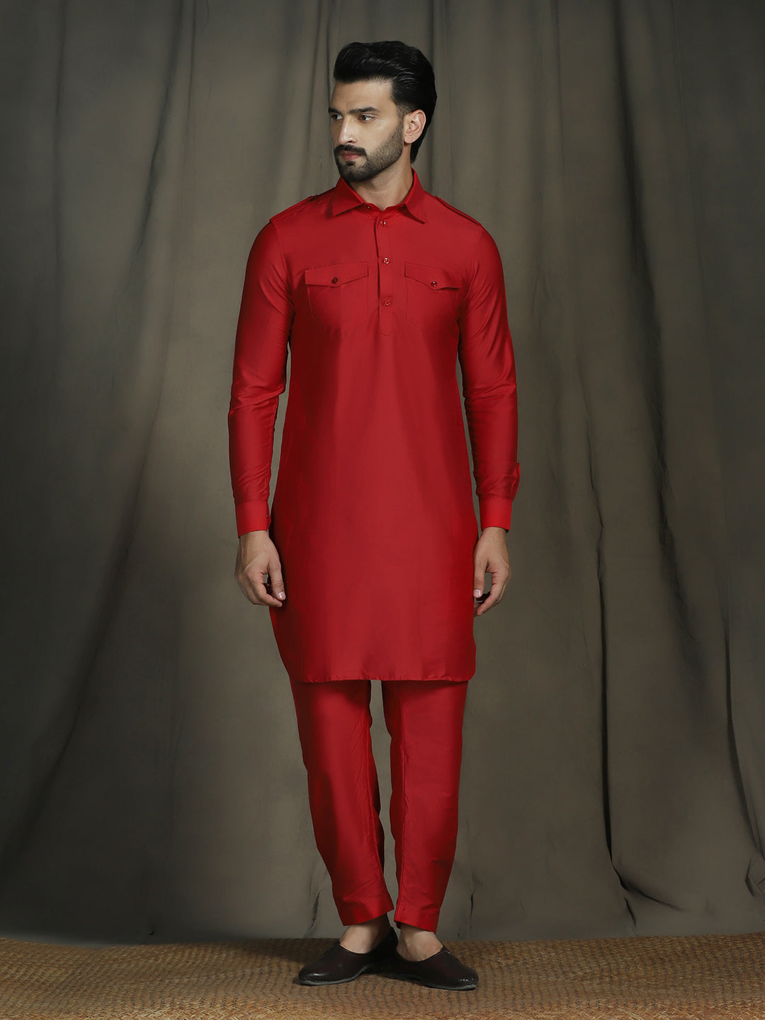 Zavaya Red Plain Polyester Viscose Kurta Salwar Set for Men