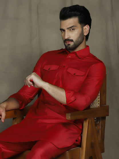 Zavaya Red Plain Polyester Viscose Kurta Salwar Set for Men