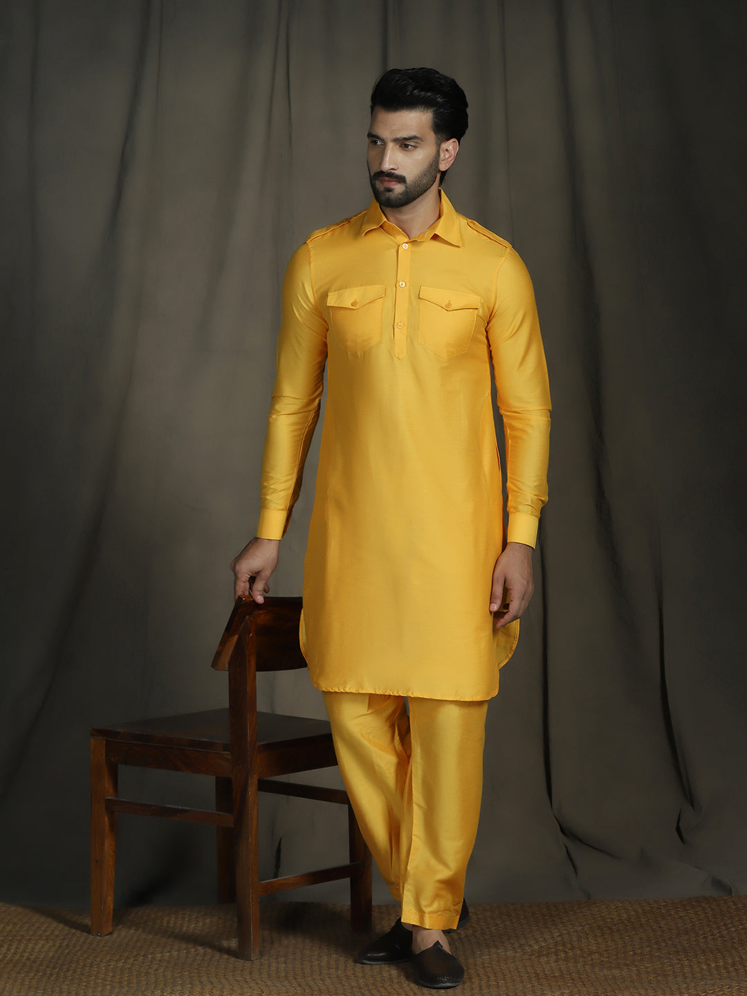 Zavaya Yellow Plain Polyester Viscose Kurta Salwar Set for Men