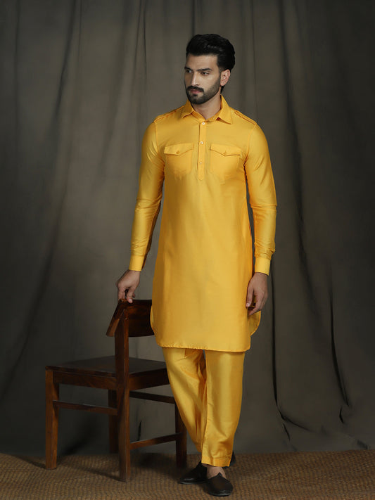 Zavaya Yellow Plain Polyester Viscose Kurta Salwar Set for Men