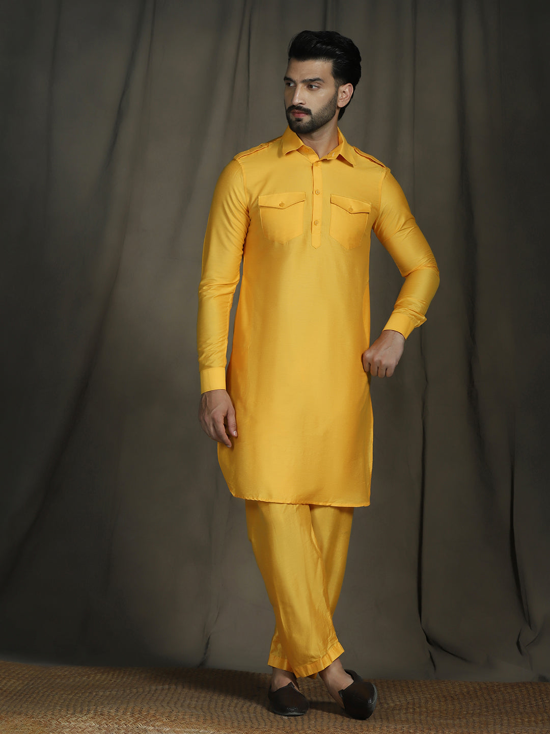Zavaya Yellow Plain Polyester Viscose Kurta Salwar Set for Men