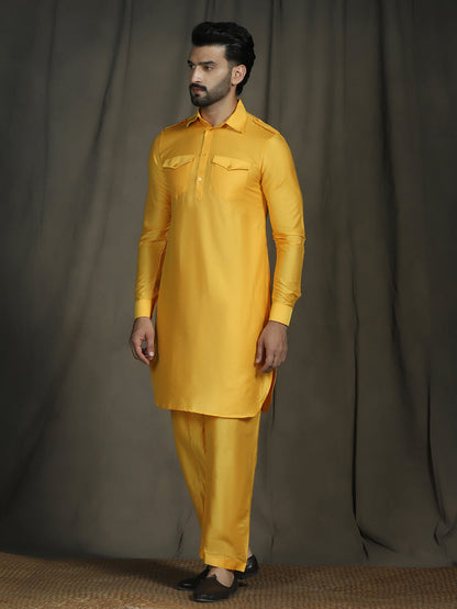 Zavaya Yellow Plain Polyester Viscose Kurta Salwar Set for Men