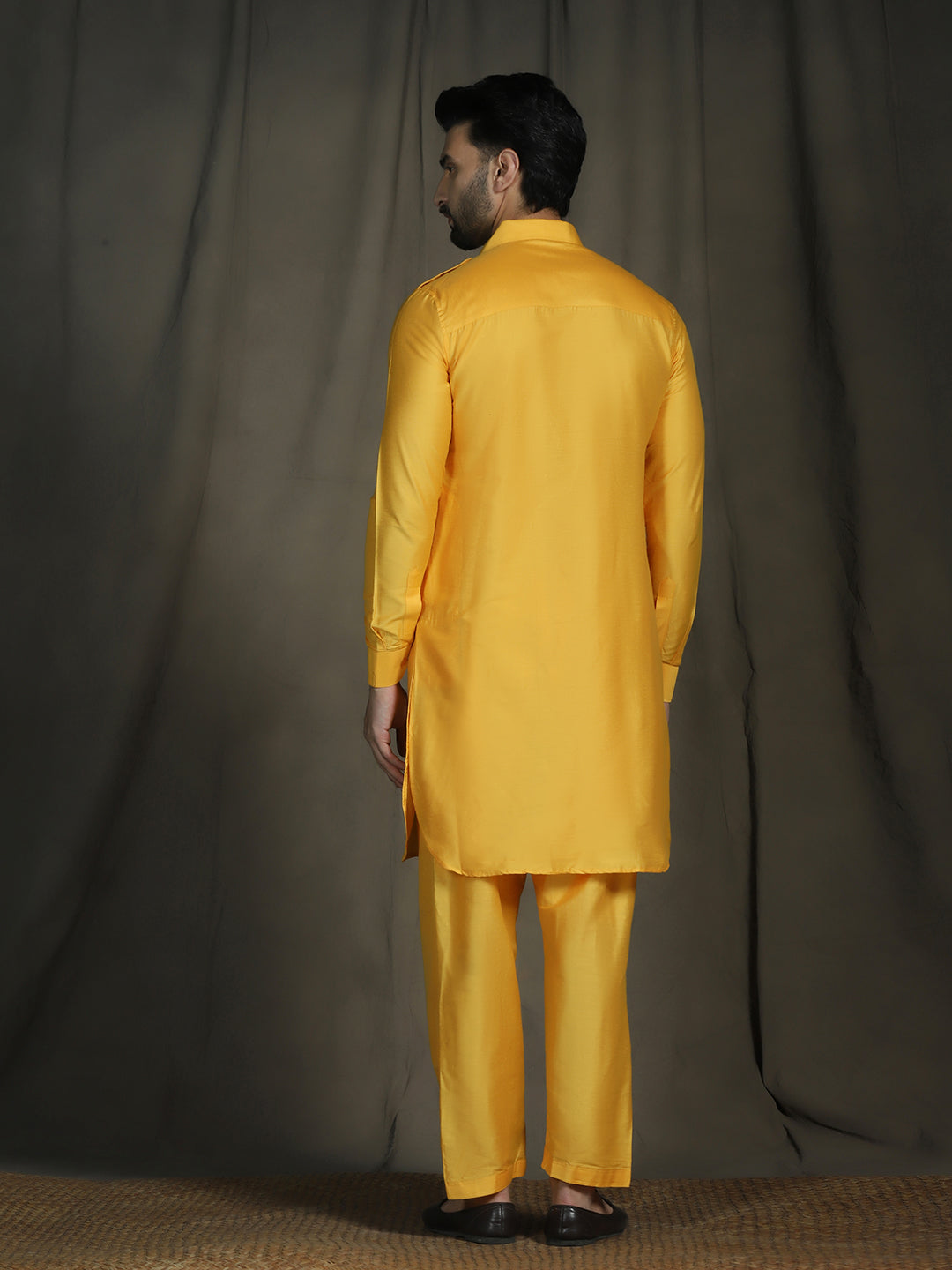 Zavaya Yellow Plain Polyester Viscose Kurta Salwar Set for Men