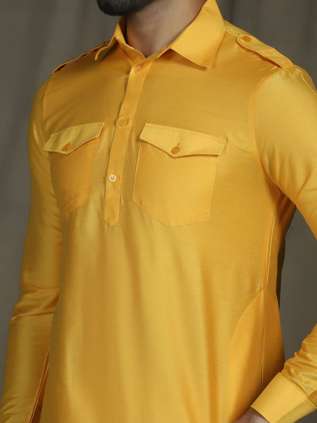 Zavaya Yellow Plain Polyester Viscose Kurta Salwar Set for Men