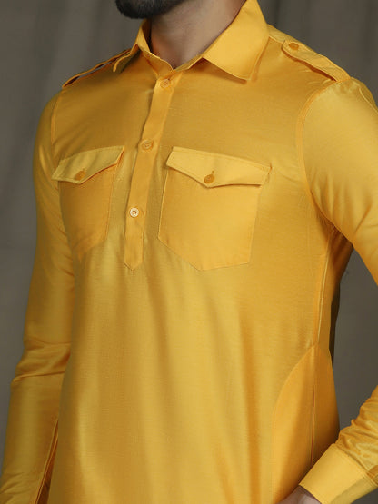 Zavaya Yellow Plain Polyester Viscose Kurta Salwar Set for Men