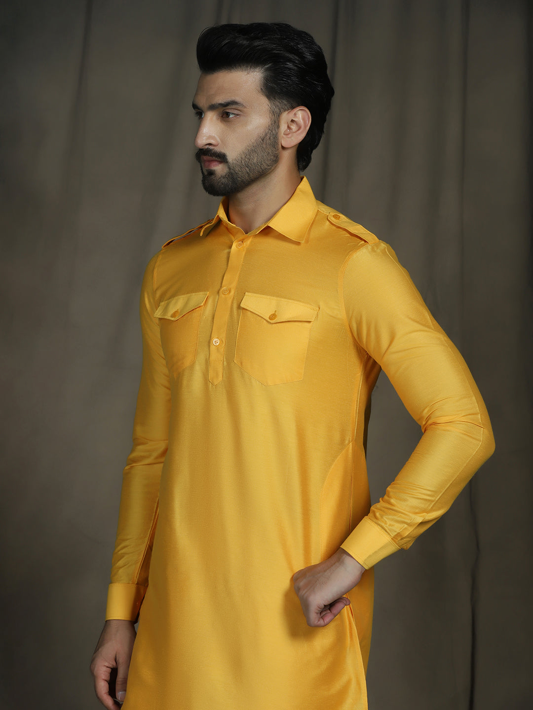 Zavaya Yellow Plain Polyester Viscose Kurta Salwar Set for Men