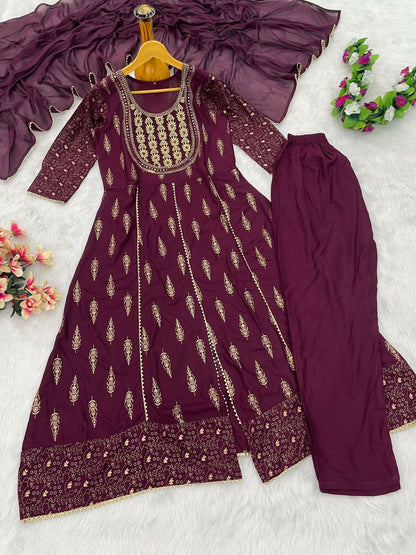 Teeya Creation Women's Premium Wine Color Fully Stitched Anarkali Kurta With Pant And Dupatta Set