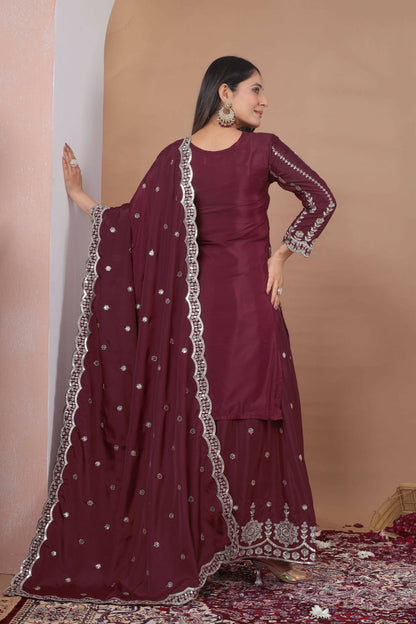 The52 Women's Gorgeous Embroidery Work Natural Crep Fabric Straight Kurta Sharara and Dupatta Set