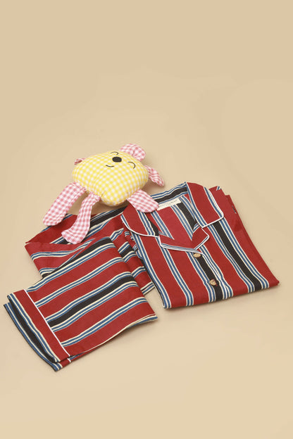 Breathables Kids Cotton Night Suit  Red Stripes Shirt & Pyjama Co-Ord Set For Boys & Girls