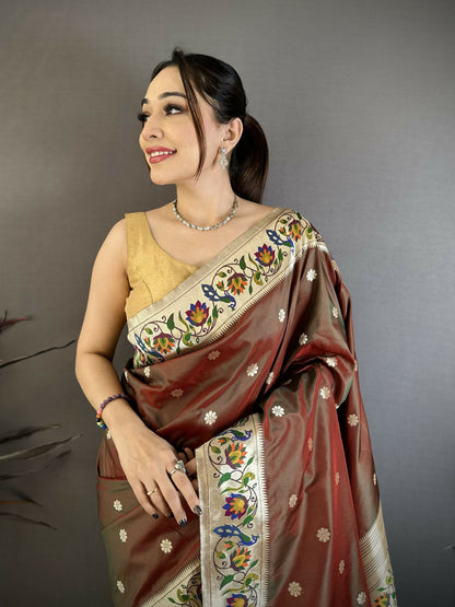 Prime Volt Premium Soft Silk Mayur Paithani Saree with Peacock Meena Weaving & Rich Pallu-Brown