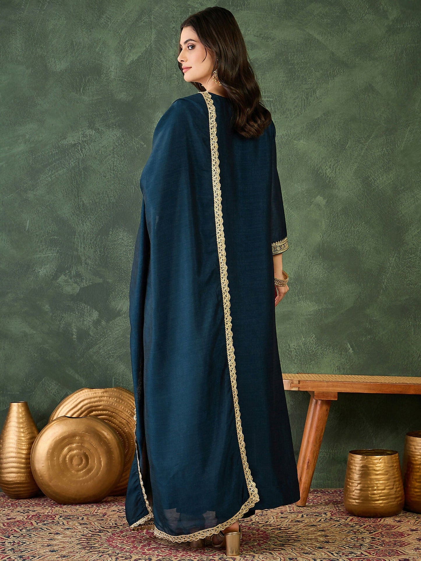 The52 Women's Beautiful Embroidery Work Vichitra Silk Fabric Flared Kurta Pant and Dupatta Set-Petrol