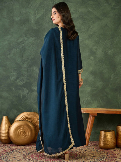 The52 Women's Beautiful Embroidery Work Vichitra Silk Fabric Flared Kurta Pant and Dupatta Set-Petrol