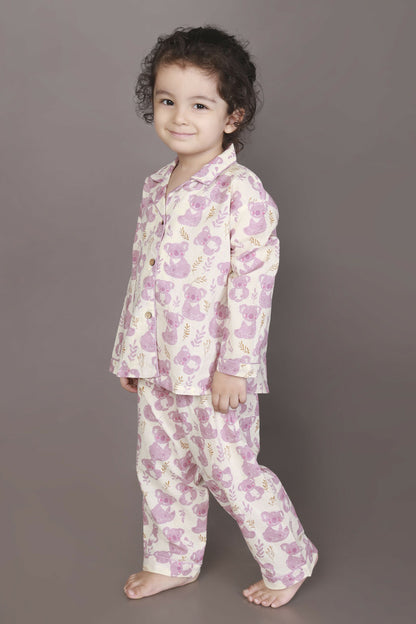 Breathables Kids Cotton Night Suit  White & Pink Teddy Shirt & Pyjama Co-Ord Set For Boys & Girls