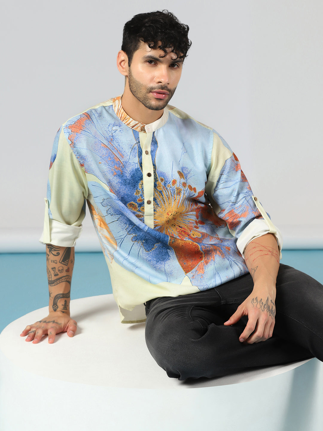 Zavaya Cream Floral Rayon Short Kurta for Men