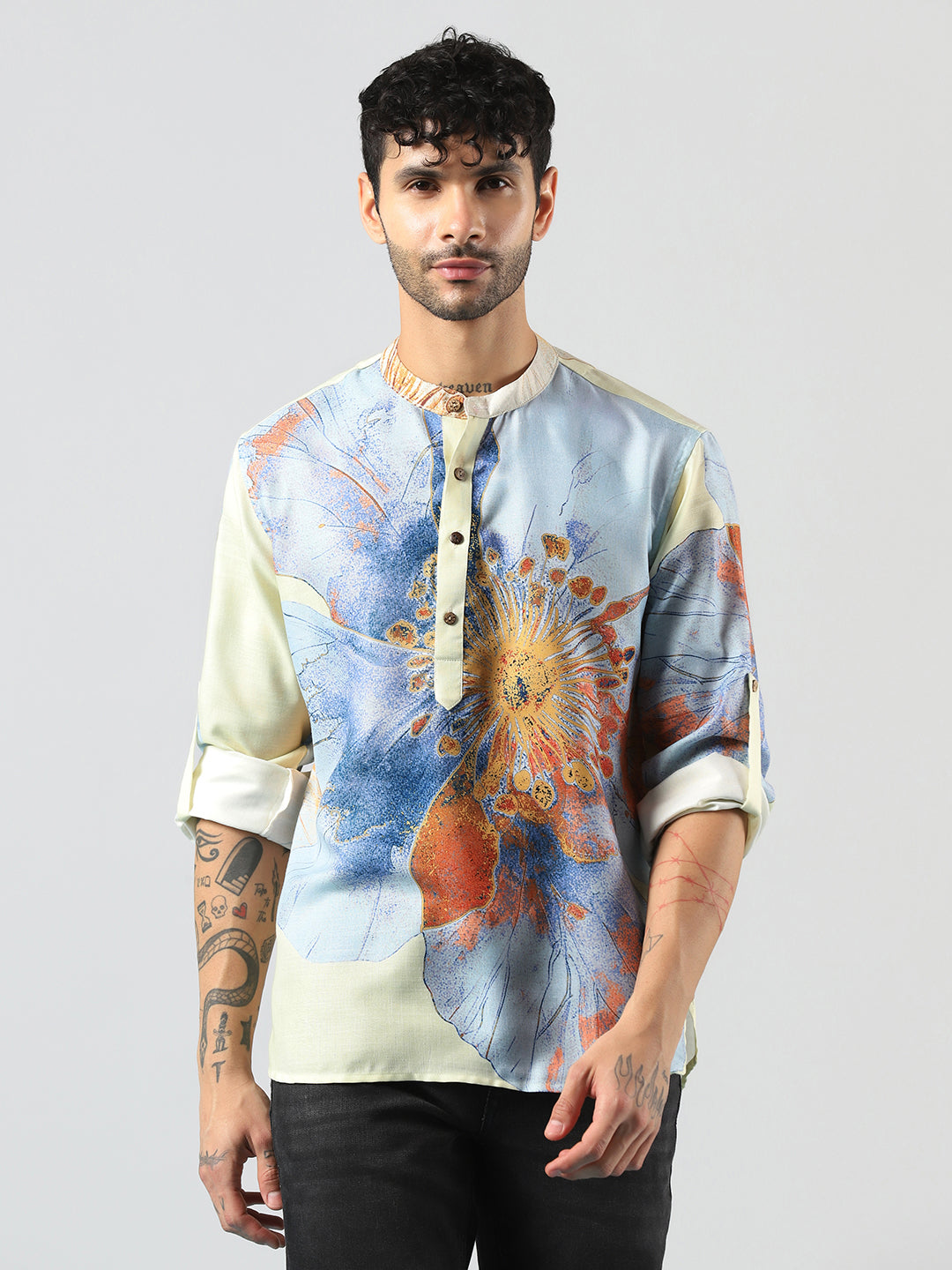 Zavaya Cream Floral Rayon Short Kurta for Men