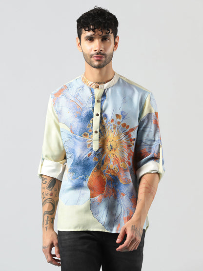 Zavaya Cream Floral Rayon Short Kurta for Men