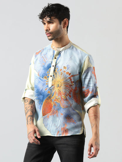 Zavaya Cream Floral Rayon Short Kurta for Men