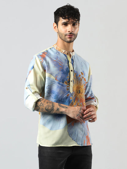 Zavaya Cream Floral Rayon Short Kurta for Men