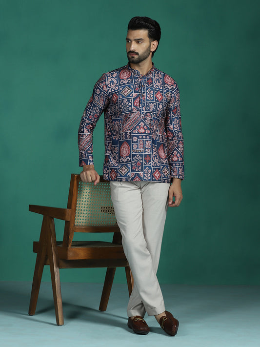 Zavaya Multicolor Ornamental Print Rayon Short Kurta for Men